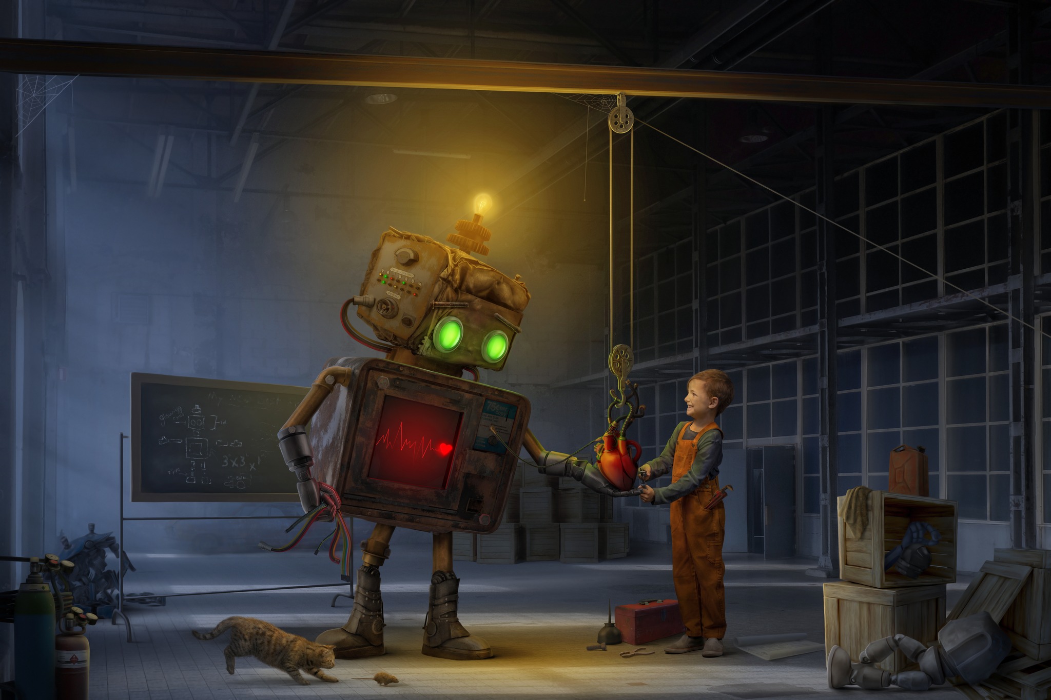 Boy with Robot photo composite, robot has glowing eyes, boy is building him a heart