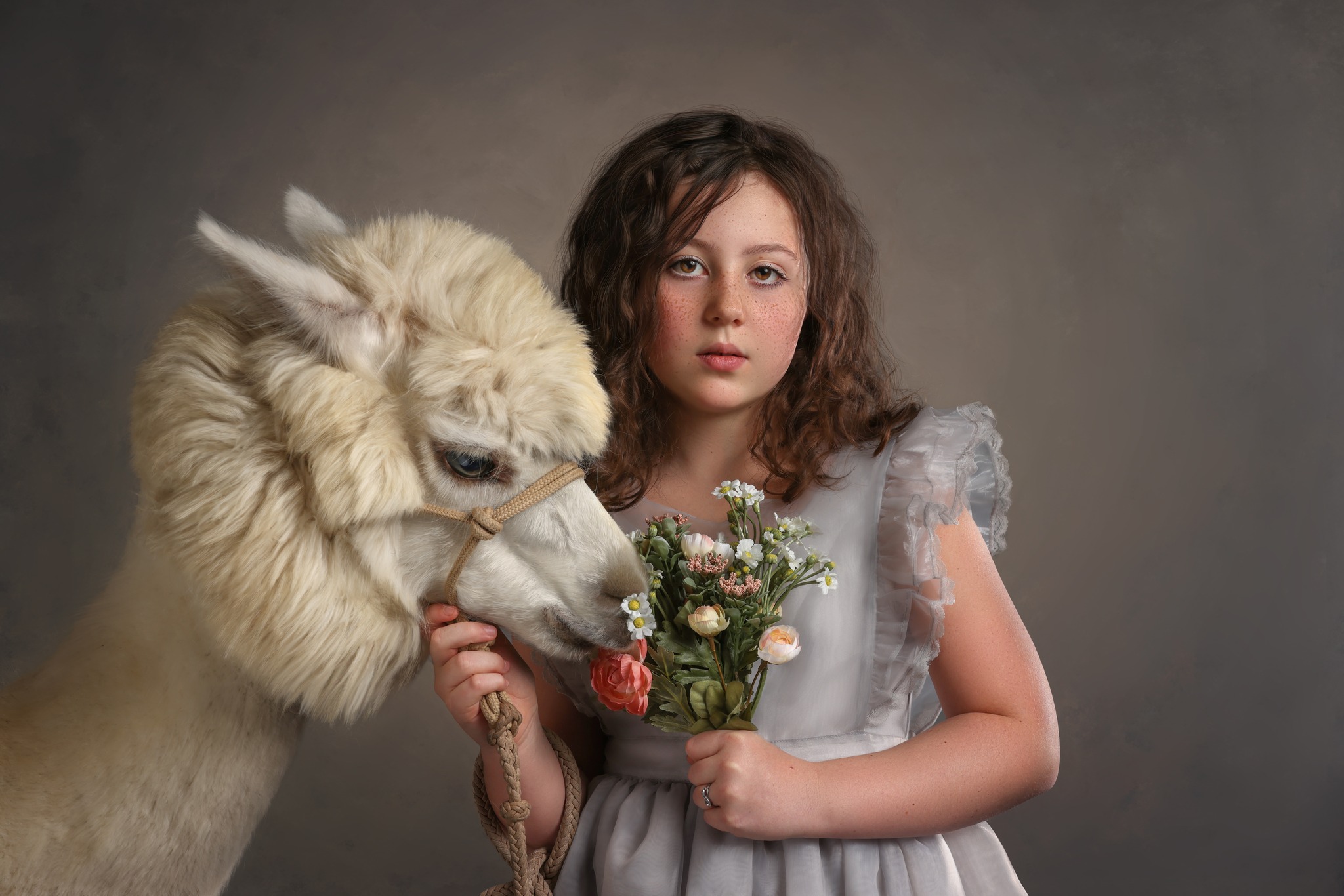 Alpaca eating flowers being held by a girl in a grey dress, in the style of a fine art portrait